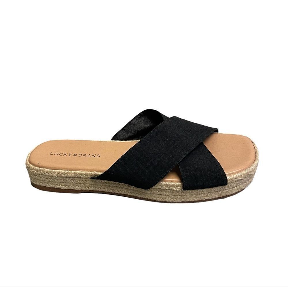 LUCKY BRAND Gayte Slip On Espadrilles Platform Sandals Black Suede Tan 10
